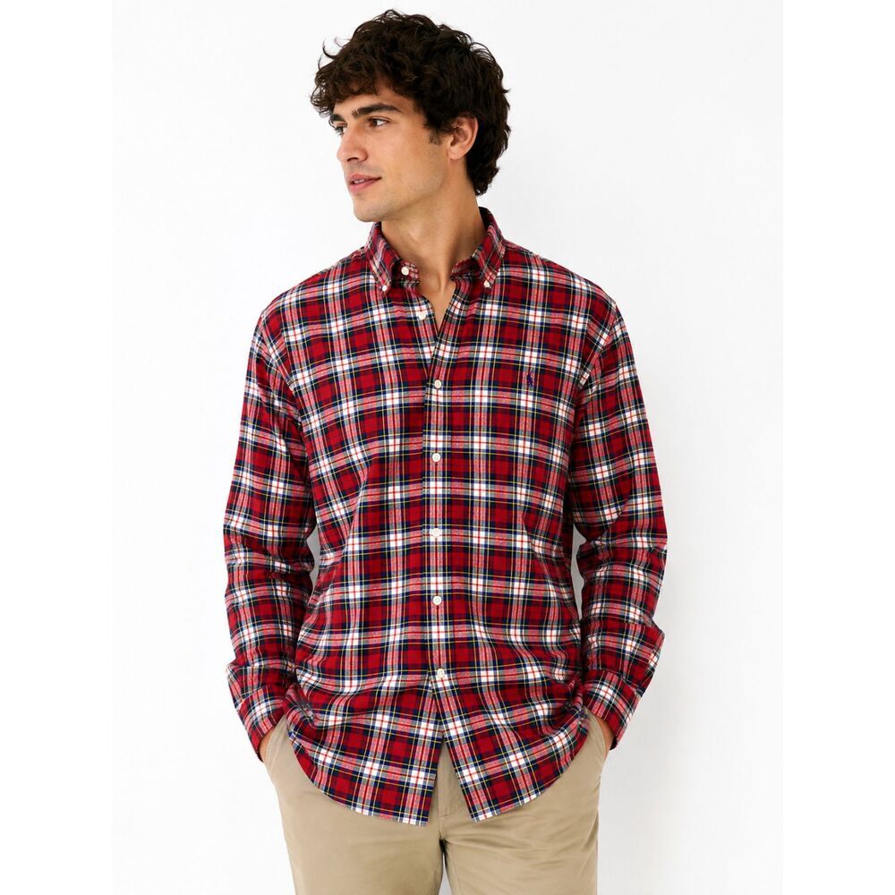 Ralph Lauren Custom Fit Red Plaid Button-Down Large 100% Cotton Classic Preppy
